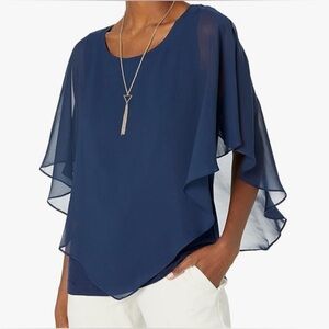 AGB Chiffon Popover Blouse Navy Blue Scoop Neck Tank Poncho Sheer Pullover 2X